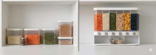 Image of Plastic Space-Saving 6 Grid Wall Mounted Food Dispenser Dry Food Storage Organizer for Rice Nuts Grains Snacks Coffee and Candy.