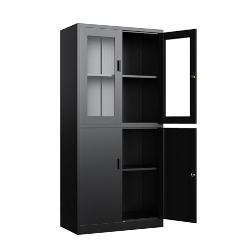 Yizosh Metal Storage Cabinet with Glass Doors - 71" Locking Display Cabinet with 2 Adjustable Shelves for Kitchen, Living Room,Dining Room (Black)