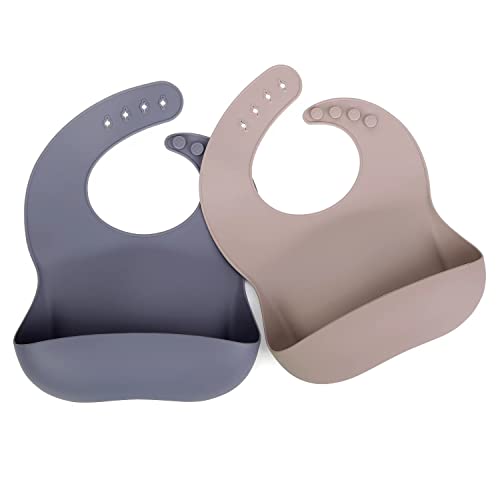 Image of Ginbear Silicone Bibs for Babies, Waterproof Baby Feeding Bibs with Food Catcher Pocket, Adjustable Silicon Bibs for Toddlers (Cool Gray/Mocha)