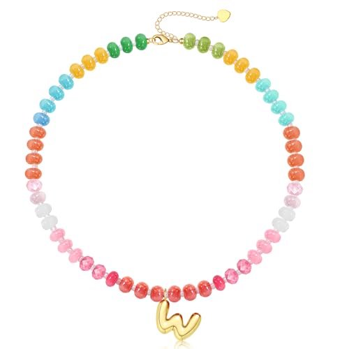 Initial Necklaces for Women, Beaded Necklaces for Women with Bubble Necklace Letter Stocking Stuffers for Teens Trendy Stuff Colorful Gemstone Choker 14k Gold Letter A-Z Pendant Summer Beach Christmas Birthday Jewelry for Her Girlfriend Sister