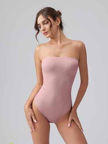 Image of OQQ Womens Tube Bodysuits Strapless Basic Sleeveless Ruched Stretch Classic-Fit Tops Sexy Bodysuits