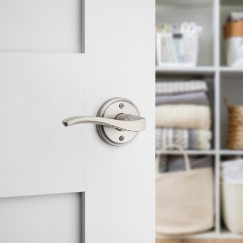 Image of Kwikset Sedona Dummy Door Handle, Single Sided Lever for Closets, French Double Doors, and Pantry, Satin Brass Non-Turning Left Handed Interior Push /Pull Lever, with Microban Protection