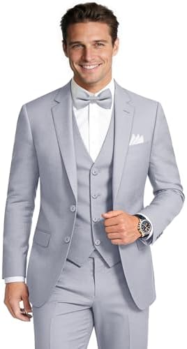 Gentle Season Men's 3 Pieces Slim Fit Light Gray Stretch Fabric Suit Elegant Solid One Button Single Breasted Tuxedos Suits for Men Prom Party Wedding & Business Blazer Vest Pants Set Regular 44
