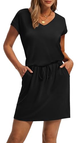 OFEEFAN Summer Dresses for Women 2025 V Neck T Shirt Casual Mini Dresses Tie Waist Sundresses with Pockets3