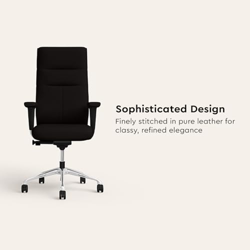 Image of Interio by Godrej Chair, La Sede High Back Leather Executive Ergonomic Chair (Black Ink), 1 Year Warranty, Adjustable Armrest