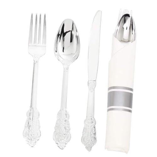 POPETPOP 2セット 使い捨てフォークスプーンナイフ紙ナプキン パーティー用軽量食器キット 結婚式誕生日宴会向け食品対応フラットウェア