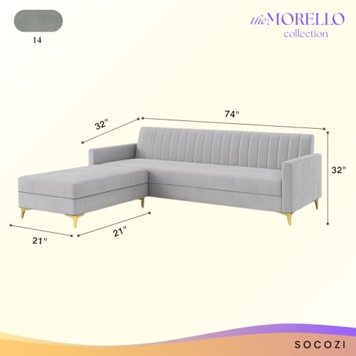 Image of SOCOZI Morello 4 Seater L Shape Sofa Set with Movable Ottoman | Flexible Left or Right Layout | Soft Velvet Suede Fabric | Modern Design | Plush Comfort Cushions for Living Room (Light Grey)
