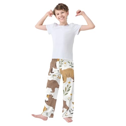 Bear Florals Boys Long Pants Soft Trousers Elastic Waist Kids Lounge Bottoms with Pockets S-XL2