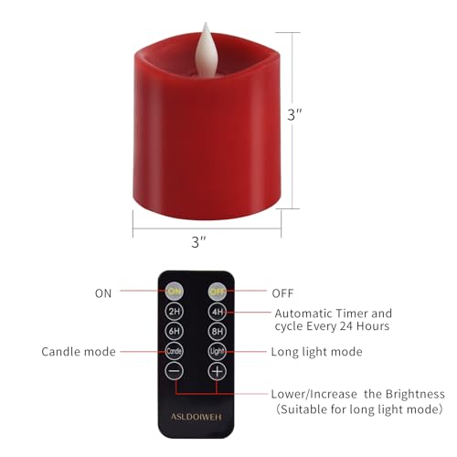 Image of 3x3 Flickering Flameless Candles Set of 1, 2AA Battery Life 600 Hours Battery Candles Flickering with Timer, 3 inch Flameless Candles with Remote for Indoor /Outdoor, Red