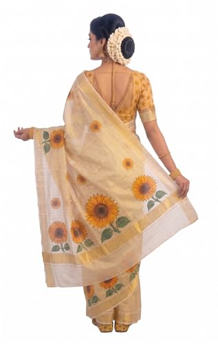 Image of Women's Mural Printed Kerala Gold Tissue Saree with Running Blouse Piece | Traditional South Indian Ethnic Saree for Festivals, Weddings & Special Occasions