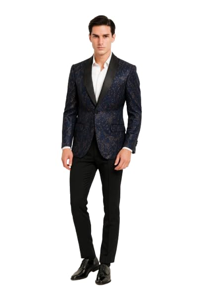 Men’s Navy Blue Sequin Tuxedo Jacket with Black Satin Shawl Lapel – Luxury Prom and Wedding Blazer