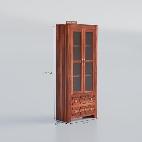 Image of Sheesham Wood Bookshelf with Glass Door for Home Library Solid Wood Bookcase Wooden Crockery Cabinet for Kitchen Book Shelf (Natural Finish)