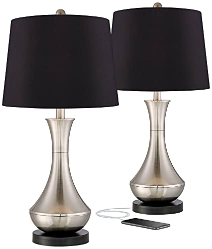 360 Lighting Simon Modern Table Lamps 25 1/2" Tall Set Of 2 With Usb Charging Port Brushed Nickel Metal Black Faux Silk Drum Shade For Bedroom Living Room House Home Desk Nightstand Office #TOP13