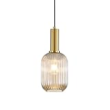 Luminaire suspendu contemporain : Doté d'un abat-jour en verre strié soigneusement travaillé avec des accents métalliques en or élégants, cette lampe suspendue apporte une touche d'élégance moderne à tout espace.