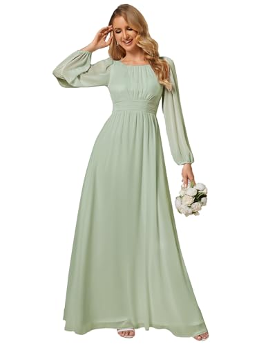 Image of Ever-Pretty Women's Crewneck Long Lantern Sleeves Floor Length A-Line Pleated Chiffon Formal Dress 0106B