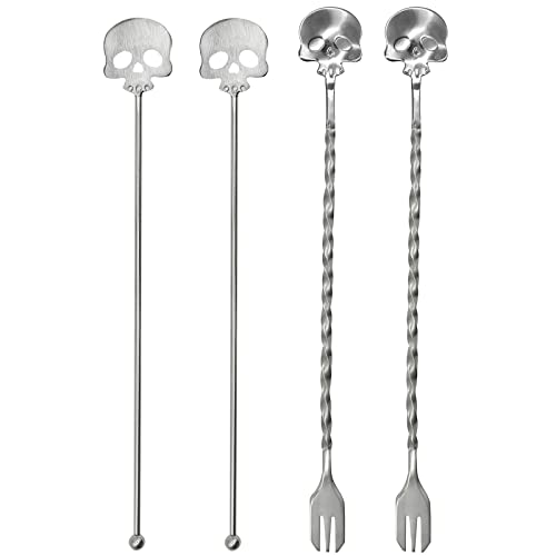 Pinenjoy 4Pcs Skull Swizzle Stick Bar Spoon Set Reusable Mixing Spoon 18/10(304) Stainless Steel Coffee Stirrer for Bar Home Halloween Party Stirring Cocktail Beverage Drinks