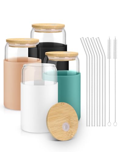 Image of sungwoo Glass Cups with Lids and Straws, 4 Pack 16OZ Iced Coffee Cups with Silicone Sleeve, Glass Tumbler with Straw and Bamboo Lid, Home Essential Drinking Set for Juice, Cocktail and Latte 4 Colors