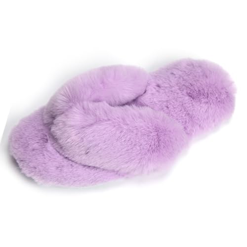 Roxoni Fuzzy House Slippers for Women Comfortable Furry Spa Thongs Cozy Slip On Flip Flops Soft Insole & Rubber Outsole4