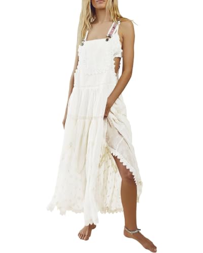 Image of ebossy Women's Laced Embroidered Tulle Bib Dress Casual Loose Adjustable Straps Maxi Dress