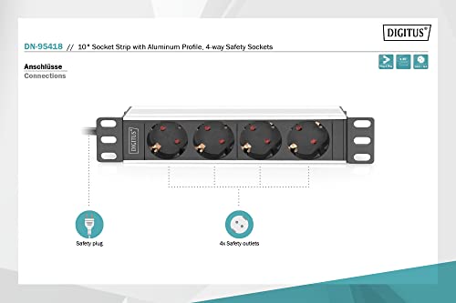 DIGITUS 4-Fach Steckdosenleiste - 1HE - 10-Zoll (254 mm) - Rack-Montage in Netzwerk-Schrank - DN-95418 - Silber/Schwarz