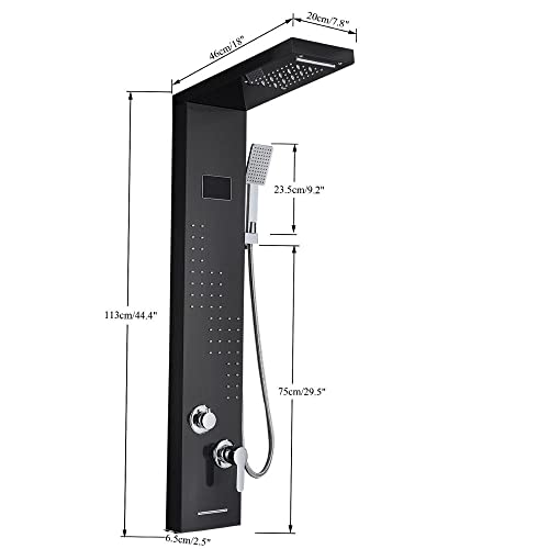 Panel de ducha con LED y torre de lluvia en acero inoxidable, sistema de boquillas de masaje cascada, columna mezcladora para ducha - Negro miniatura 2