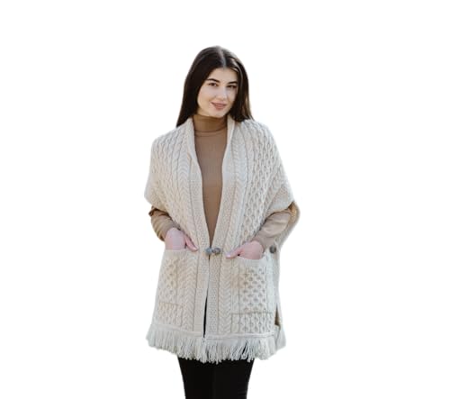 SAOL 100% Merino Wool Shawl/Poncho Sweater/Open Cardigan/Wool Cape with Pockets with Fringe Trim and Trinity Knot Button