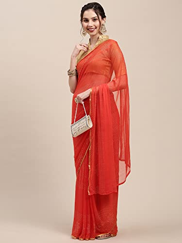 Image of AKHILAM Women's Chiffon Embellished Saree With Unstitched Blouse Piece (Orange DOLY3302)