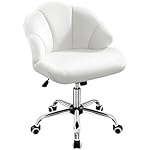 Yaheetech White Vanity Office Desk Chair with Back & Wheels Dressing Table Chair Makeup Bedroom Velvet Upholstered Armless Swivel Chair with Shell Back for Home Office