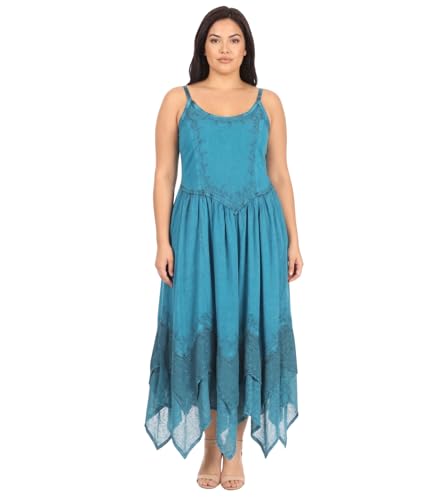 Image of Sakkas Rayon Embroidered Stonewashed Adjustable Spaghetti Straps Long Dress