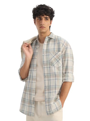 Image of The Souled Store: Blue Sails Men and Boys Long Sleeve Collared Neck Button Front Blue and Cream Checked Embroidered Regular Fit Cotton Linen Shirt