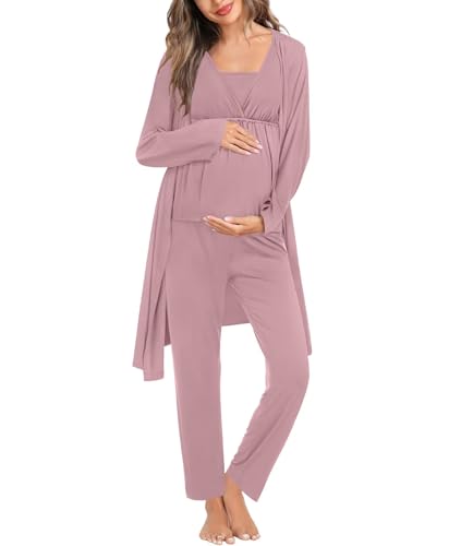 Image of SWOMOG Maternity Nursing Robe Set 3 Piece Breastfeeding Pajamas 3 in 1 Labor Delivery Sleevless Tops&Long Pants Pregnancy Pjs