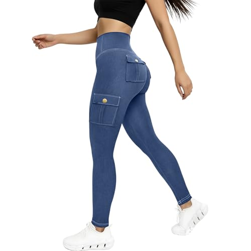 Générique Legging Jean Femme Taille Haute Élastique, Effet Denim, Multi Poches, Galbant, Idéal Yoga Pilates Fitness, Polyvalent Quotidien