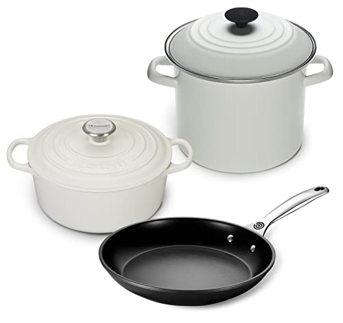 Le Creuset Paquete de 5 utensilios de cocina para horno y estufa con horno holandés redondo de 4-1/2 cuartos de galón, olla cubierta Le Creuset de 8 cuartos de galón y sartén antiadherente endurecida