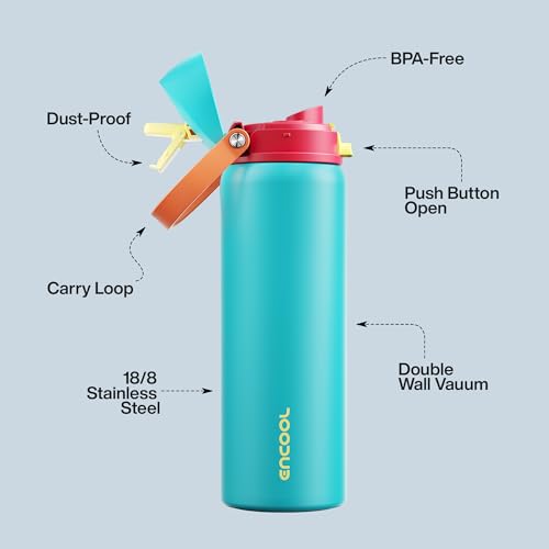 Image of Insulated Water Bottle with Straw - Encool Stainless Steel Water Bottle with Push Button Lid, Leak-Proof & BPA-Free, Keeps Cold for 24 Hours for Sports, Travel, Gym (32 oz, Cerulean Blue)