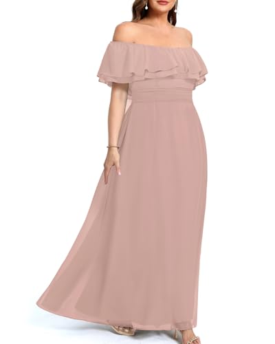 Image of Pinup Fashion Plus Size Formal Bridesmaid Wedding Guest Chiffon Long Dress | Chiffon, off-the-shoulder neckline, layered ruffles, ruched elastic waist, floor-length, evening party, wedding guest