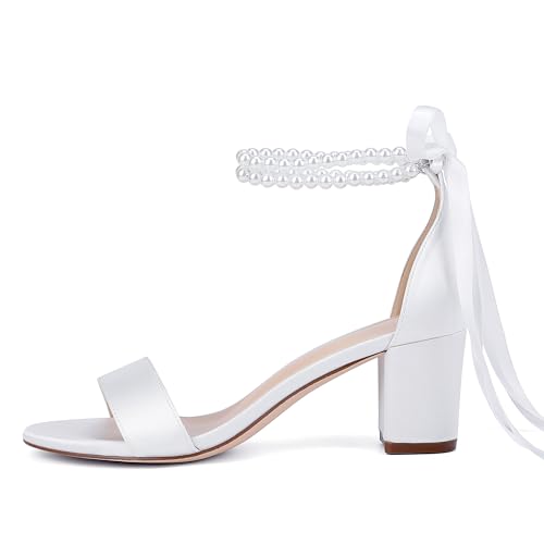 Isobud Women's Open Toe Pearl Wedding Shoes for Bride White Heels with Bow Bridal Shoes Chunky Block Satin Heels Sandals2