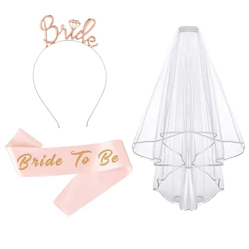 Bride to Be Sash, Headband and Veil, banda Bride to Be, tiara em ouro rosa e véu branco com pente, decorações elegantes para festas de noivado e casamento