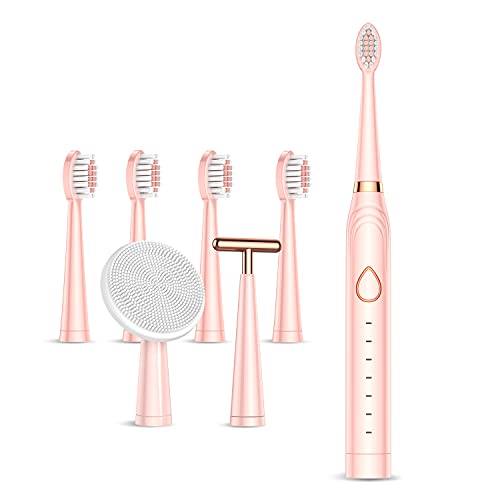 Rechargeable Electric Toothbrush, Whitening Cleaning Tooth Brushes with 6 Modes, 5 Brush Heads + 1 Facial Cleansing Brush Head + 1 Face Massage Head Electric Toothbrush for Adults and Kids(Pink)