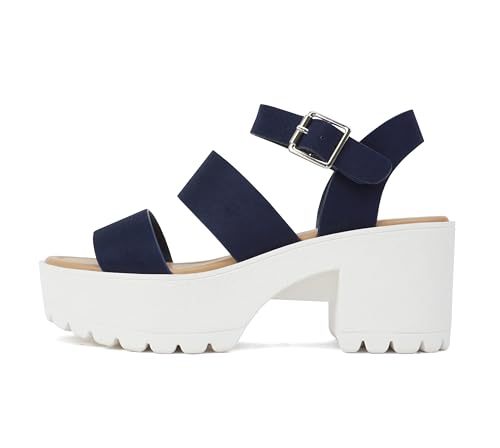 Image of Soda ACCOUNT ~ Women Open Toe Two Bands Lug sole Fashion Block Heel Sandals with Adjustable Ankle Strap
