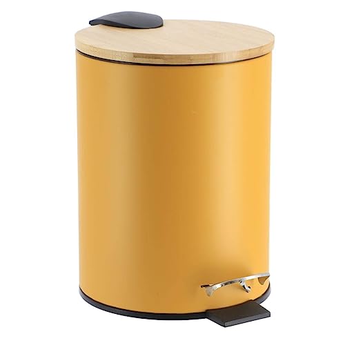 Caneca de basura amarilla con tapa de bambú y pedal, 2.5 L