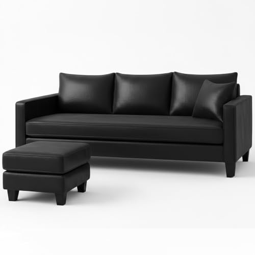Image of FURNY Conva 4 Seater L Shape Sofa Set with Movable Ottoman | Flexible Left or Right Layout | Premium Leatherette Upholstery (Black) | Perfect for Living Room, Guest Room & Office