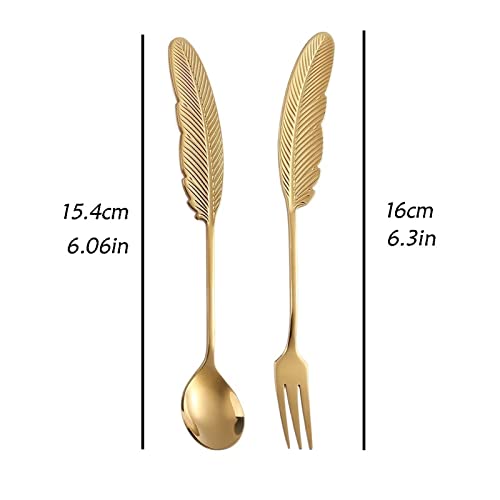 Dinner Spoon 4-Piece 304 Stainless Steel Spoon Fork Feather Shaped Spoon Coffee Mixing Spoon Fruit Fork Dessert Spoon Long-Handled Spoon (Color : B) (Brass)2