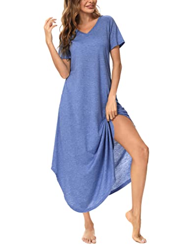 Marvmys Women Short Sleeves Long Nightshirts Full Length Sleep Shirts V Neck Cotton Nightgowns Blue #TOP2