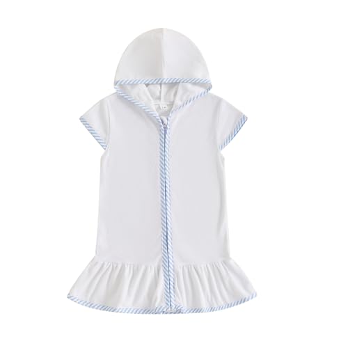 SAYOO Girls Terry Cloth Swim Cover Up Kids Hooded Swimsuit Coverup Zip-Up Striped Color Contrast Beach Bathing Robe Dress