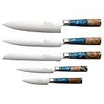 Katana Saya Elements, Ocean Blue, 6 Piece Knife Block Set, Hardwood Block, Japanese Style 67-Layer VG-10 Damascus Stainless Steel, Olive Wood with Blue Resin Handle