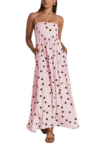 Image of Yuemengxuan Boho Maxi Dresses for Women Spaghetti Strap Flowy Smocked Long Dress Casual Summer Vacation Beach Maxi Dress