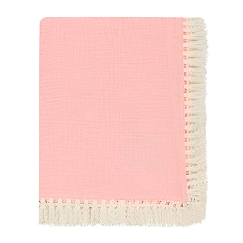Jh-Yisheng Cotton Muslin Baby Blanket With Tassel, Newborn Swaddle Wrap, Cotton Baby Receiving Blanket, Infant Sleeping Quilt Bed Cover, 43''X47'' (Pink), Jhys0001 #TOP24