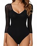 GJY Bodysuit Da Donna, Top Sexy Con Scollo a V e Manica Lunga in Maglia Senza Schienale, Top Body Per Uscire,Nero