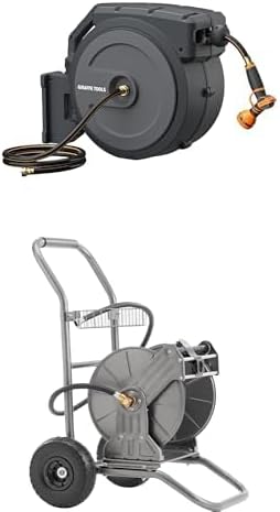 Bundle of Giraffe Tools AW40 Retractable Garden Hose Reel 5/8 inch x 90 ft Wall Mounted+Giraffe Tools Heavy Duty Metal Water Hose Reel Cart with Wheels,200 ft of 1/2 Capacity