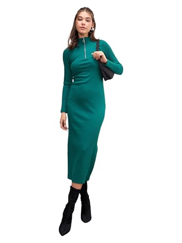 Image of Sassafras Women Bottle Rib High Neck Front Zipper Bodycon Midi Dress